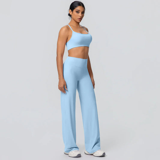 Women Gym Sports Yoga Suit Sexy Beautiful Back Yoga Underwear With Chest Pad Solid Color High Waisted Wide Leg Pants Yoga Set