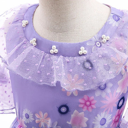 Kids Isabela Dress Children Summer Floral Swing Flared Costume Girl Encanto Cosplay Outfit Madrigal Halloween Clothes 3-12Y