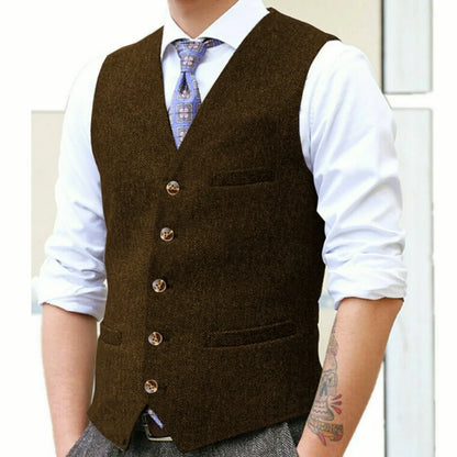 Men Vest Gray Herringbone Single Button With Pocket V Neck Waistcoat For Wedding Banquet Business Work Casual Daily Men Vest