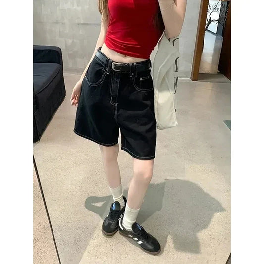 High-Waisted Straight-Leg Jeans Shorts for Women Summer New Style Slimming Black Five-Point Loose Wide-Leg Mid-Length Y2K Shorts