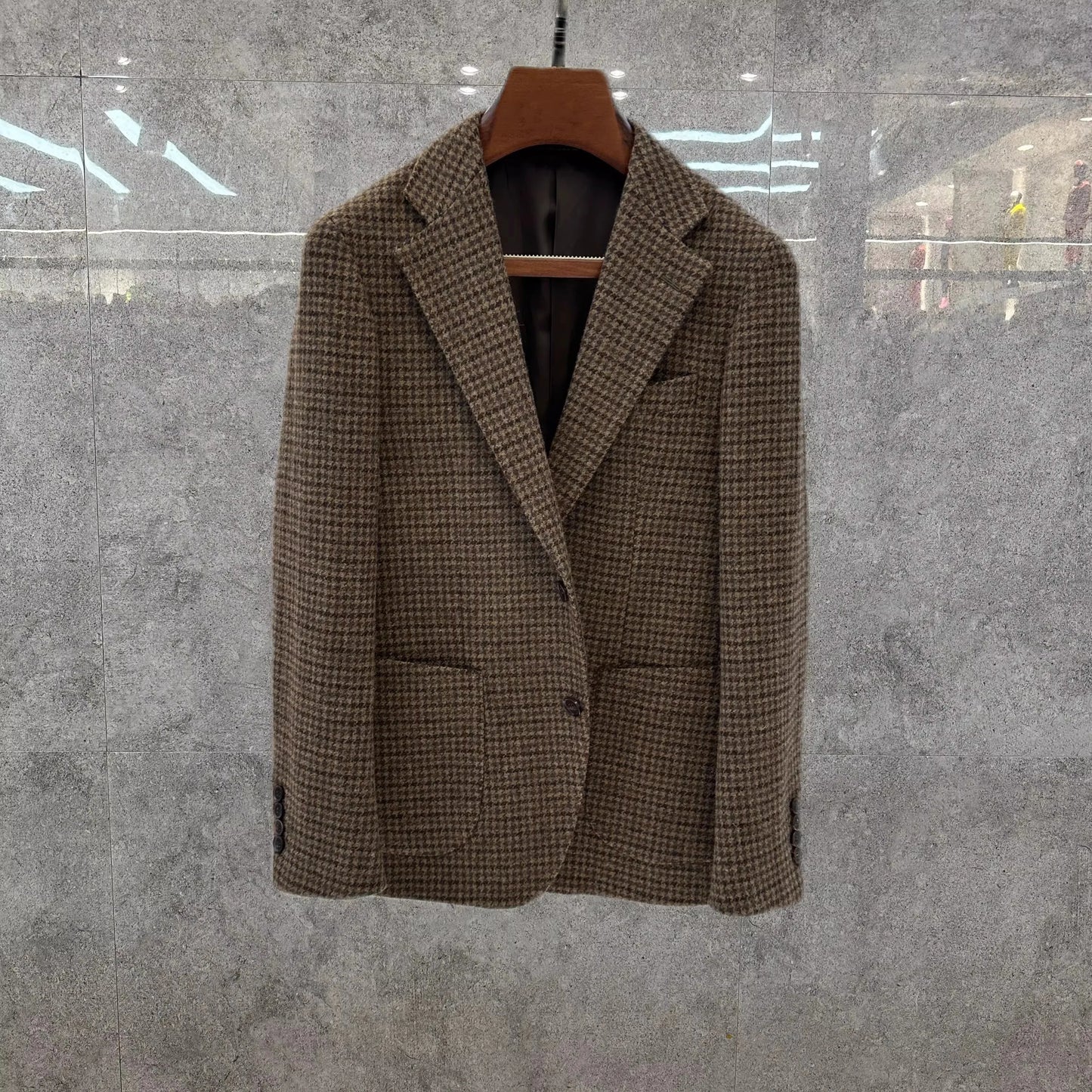 Vintage British Windsor Wool Suit Thick Autumn Winter Tweed Houndstooth Plaid Slim Fit Men's Blazer