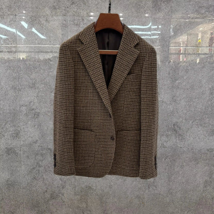 Vintage British Windsor Wool Suit Thick Autumn Winter Tweed Houndstooth Plaid Slim Fit Men's Blazer