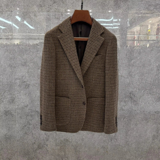 Vintage British Windsor Wool Suit Thick Autumn Winter Tweed Houndstooth Plaid Slim Fit Men's Blazer