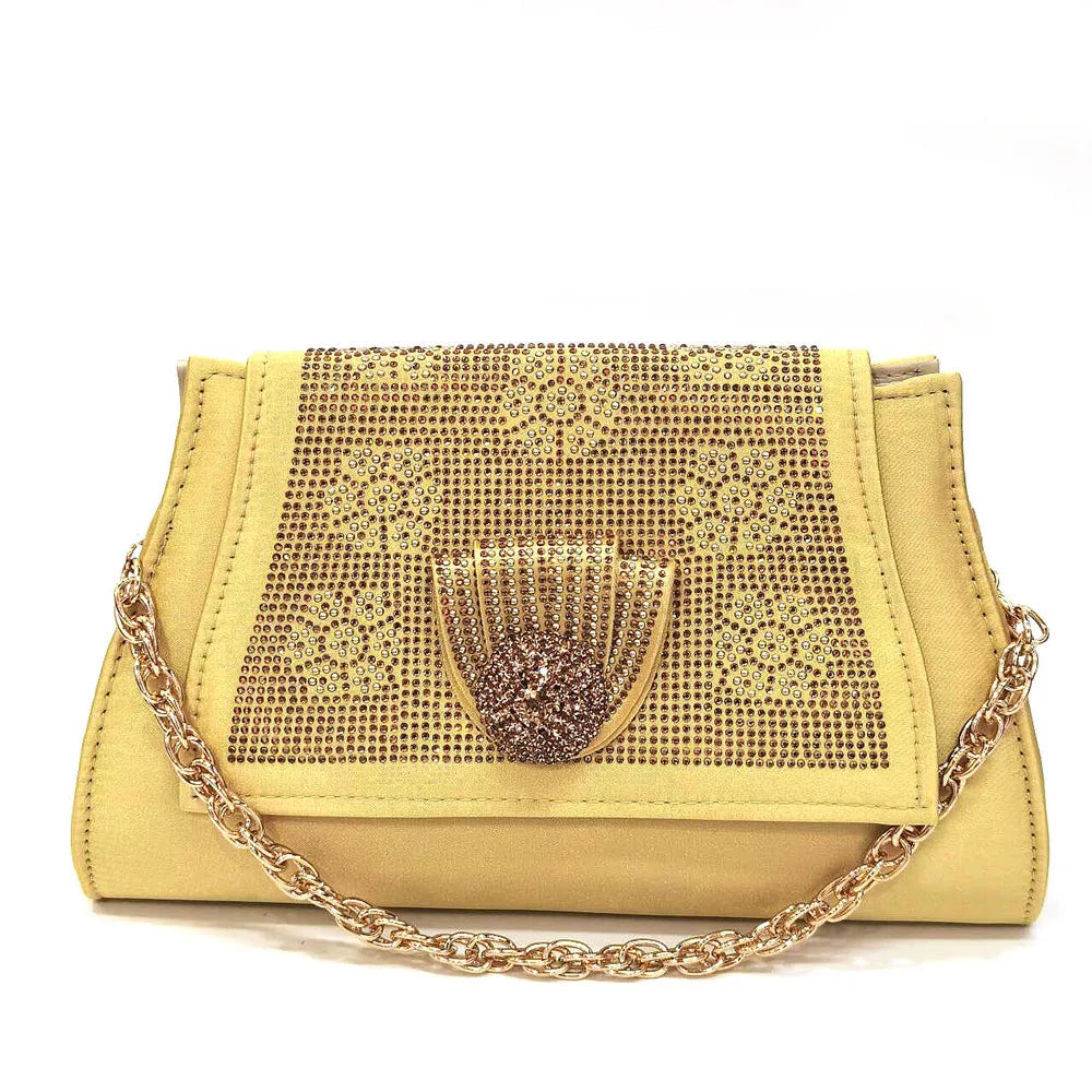 2024 Italian Design Girly Style Golden Color Wedding Shoes And Bag Full Diamond Decoration Metal Closure Bags