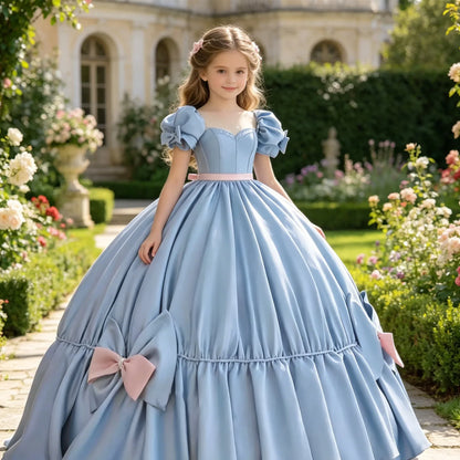 Customized Blue Flower Girl Dress For Wedding Bow Short Sleeve Floor Length Elegant Kids Birthday Party First Communion Gown