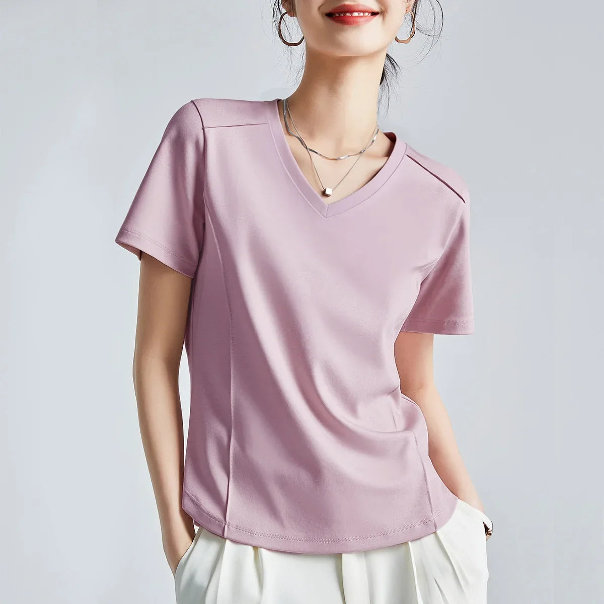 Summer Women's White Mercerized Cotton T-Shirt | 3D Stitching Round Neck Basic Top | Plus Size Slim Fit Layered Casual Blouse