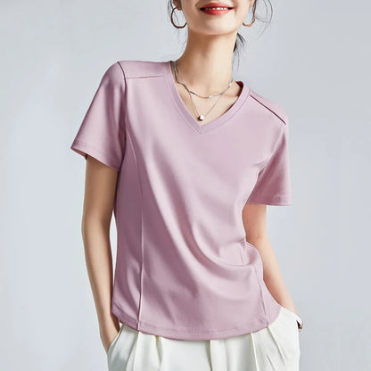 Summer Women's White Mercerized Cotton T-Shirt | 3D Stitching Round Neck Basic Top | Plus Size Slim Fit Layered Casual Blouse