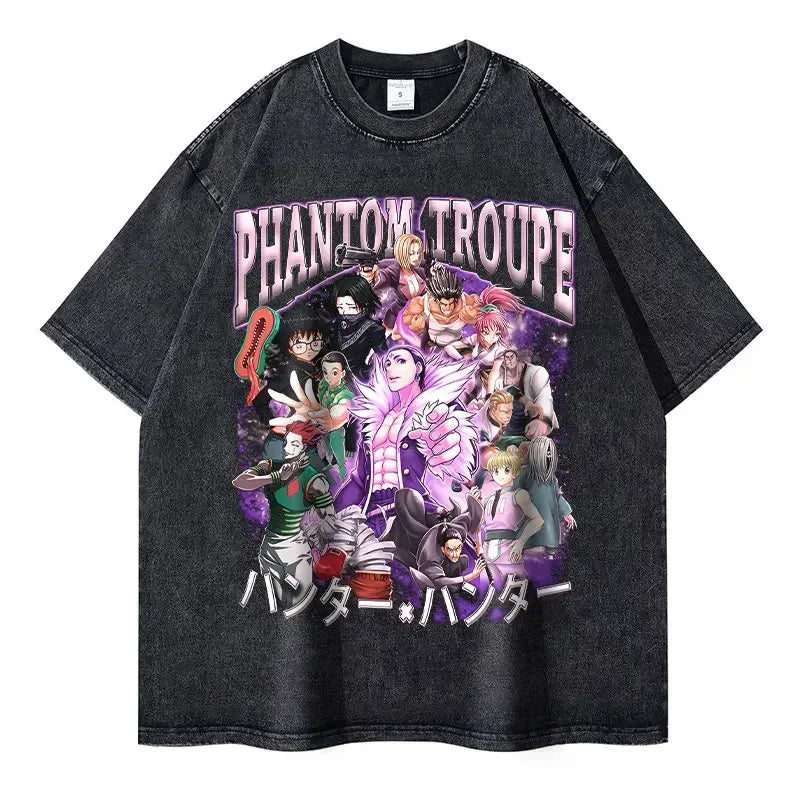T-shirts Vintage Washed Anime Hunter T Shirt Oversize Manga Killua Zoldyck Gon Hisoka Chrollo Tops Tees Men 100% Cotton