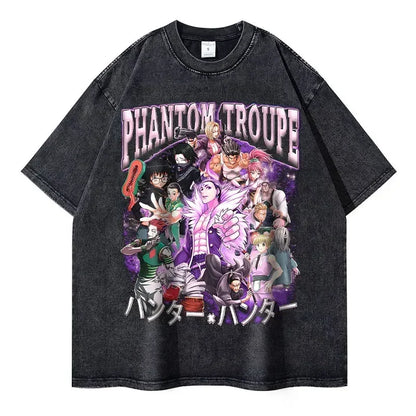 T-shirts Vintage Washed Anime Hunter T Shirt Oversize Manga Killua Zoldyck Gon Hisoka Chrollo Tops Tees Men 100% Cotton