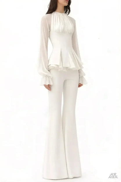 Customized Light Pink Elegant Pantsuit Evening Dresses Sheer Long Sleeves Wedding Party Dress Pleats Ruched Formal Prom Gown