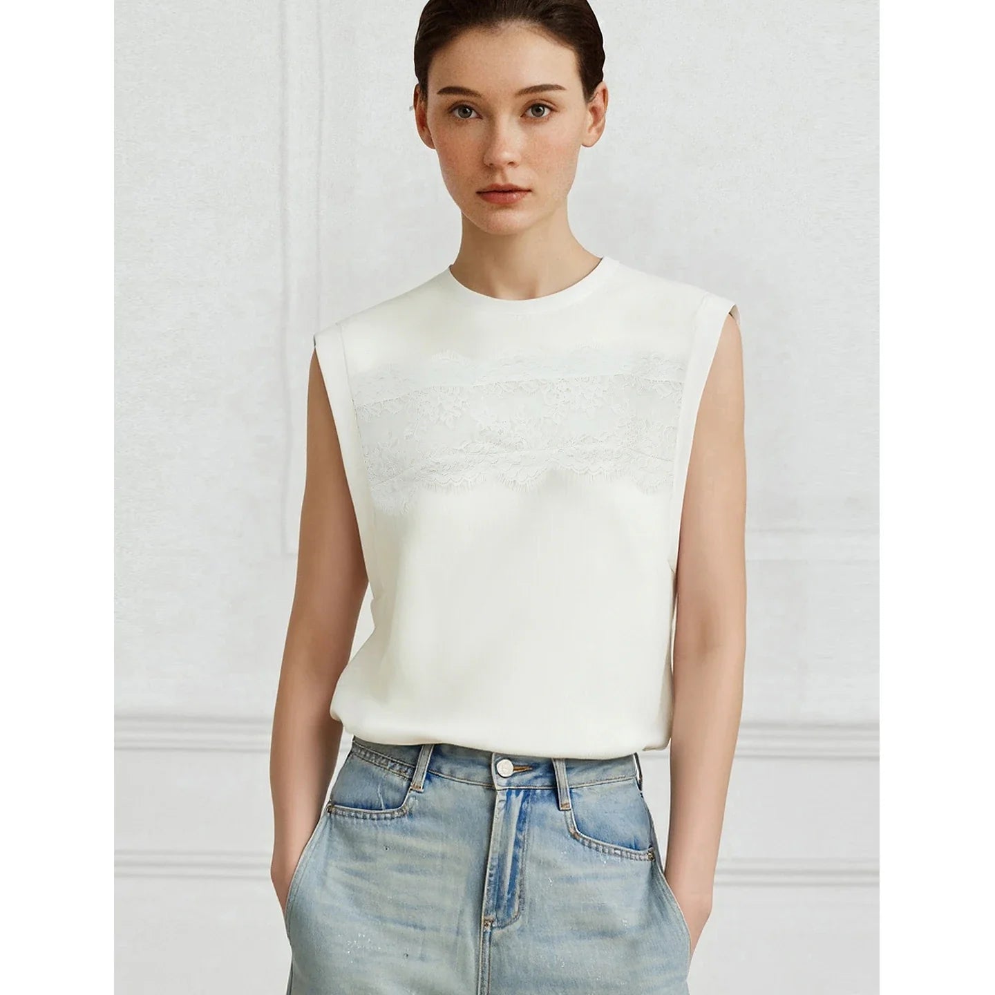 Women's Top 2026 Summer New Round Neck Lace Trim 100% Cotton Tank Tee Loose Casual Sleeveless T-Shirt For Women 12622139