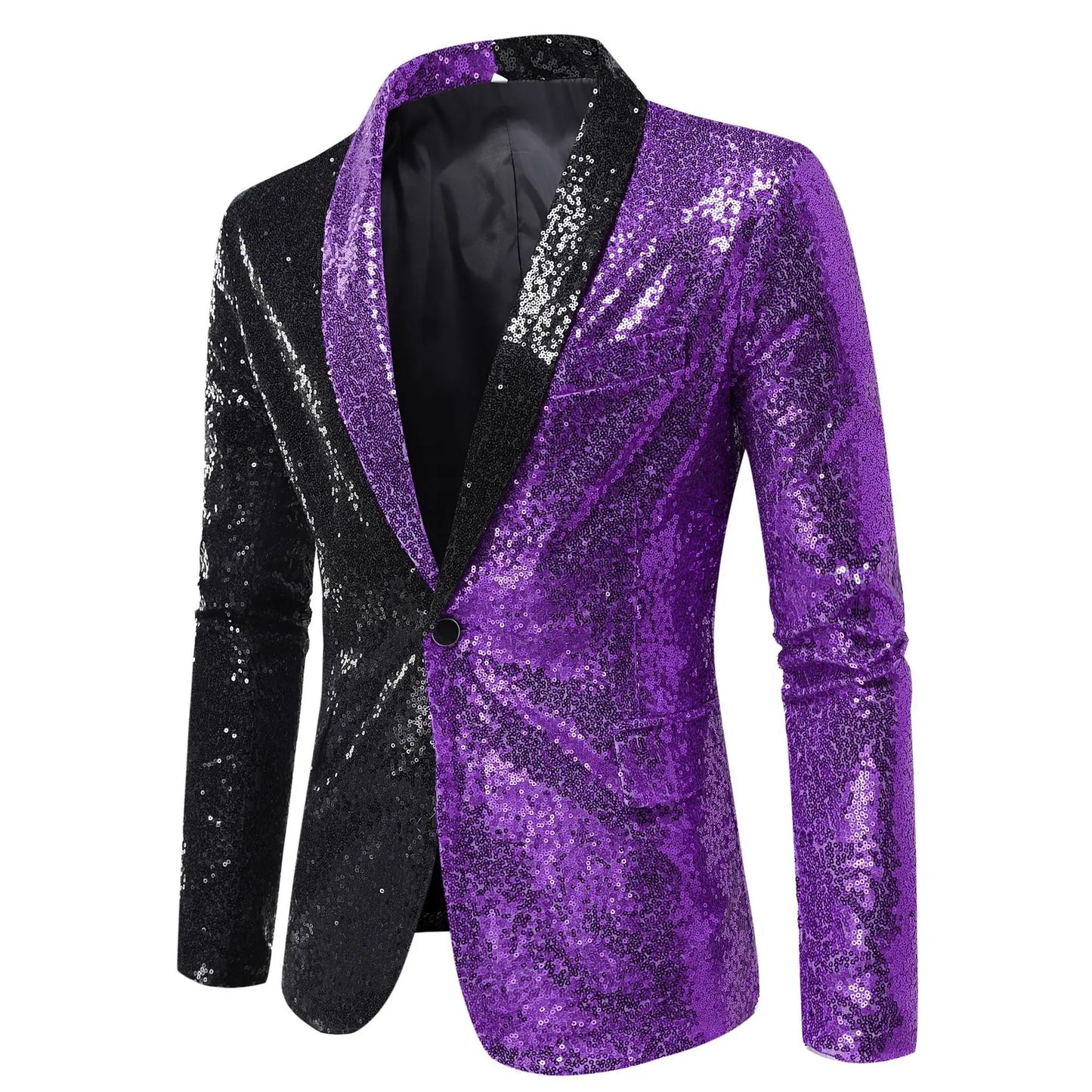 2026 Men's Suit Jacket, Shiny Sequin Stage Performance Coat, White Silver Blue Red Purple Blazers V-neck Single Button S-XXL