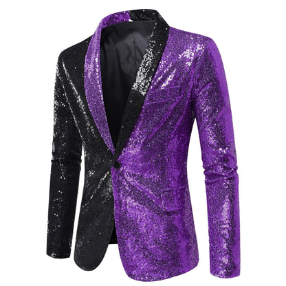 2026 Men's Suit Jacket, Shiny Sequin Stage Performance Coat, White Silver Blue Red Purple Blazers V-neck Single Button S-XXL