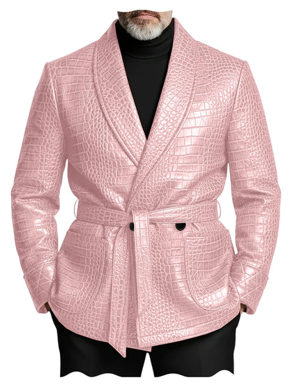  Men's Crocodile Pattern Leather Blazer Double Breasted Belted Shawl Collar Jacket Business Formal Party Wedding Casual Wear