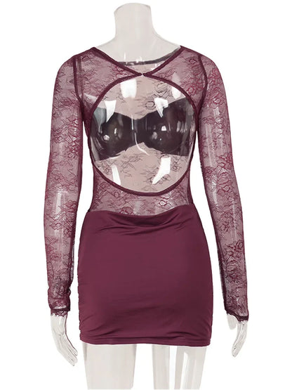 Lace Patchwork Backless O Neck Women Dresses Fashion Sheer Long Sleeve Sheath Outfits Hollow Out Female Hip Wrap Bodycon