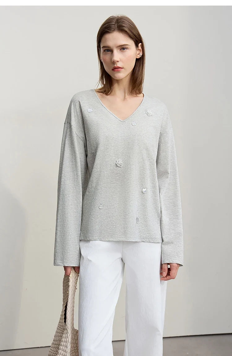 Women's Long Sleeve Top 2026 Spring New V-neck Loose T-shirt Women's Cotton Knitted Tees Pullover Versatile Top 12641011
