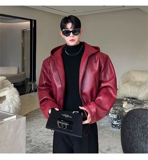 Spring Autumn Short Waterproof Black Pu Leather Jacket Men Hood Zipper High Waist Loose Casual Korean Fashion 2025