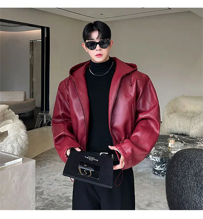 Spring Autumn Short Waterproof Black Pu Leather Jacket Men Hood Zipper High Waist Loose Casual Korean Fashion 2025