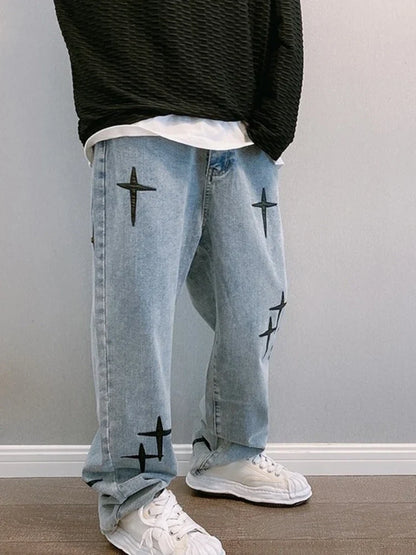Prints Jeans Men 2023 New Streetwear Baggy Wide Leg Jeans Korean Fashion Drapes Straight Casual Loose Denim Cargo Pants