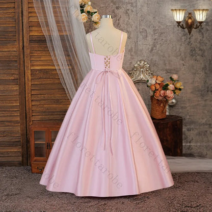 Customized Pink Satin A Line Girls Dress 2026 Spaghetti Strap High Slit Princess Gown for Wedding Baptism First Communion Party