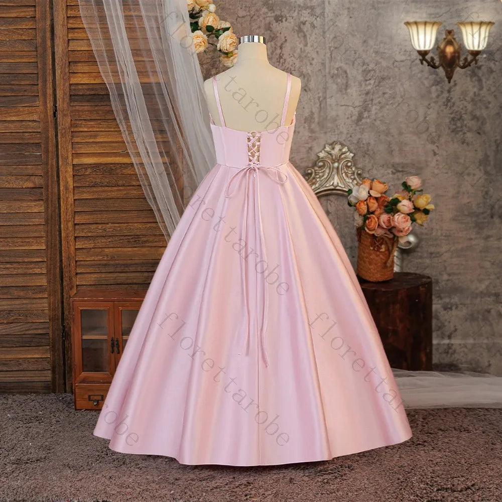 Customized Pink Satin A Line Girls Dress 2026 Spaghetti Strap High Slit Princess Gown for Wedding Baptism First Communion Party