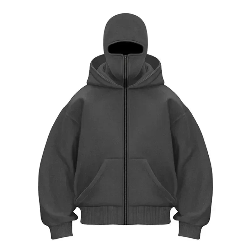 Balaclava Men Zip Hoodie Winter Warm Casual Sweatshirt Y2K with Hooded Face Mask Zipper Design Sports Jacket Outdoor Activities
