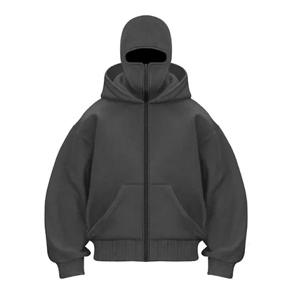 Balaclava Men Zip Hoodie Winter Warm Casual Sweatshirt Y2K with Hooded Face Mask Zipper Design Sports Jacket Outdoor Activities