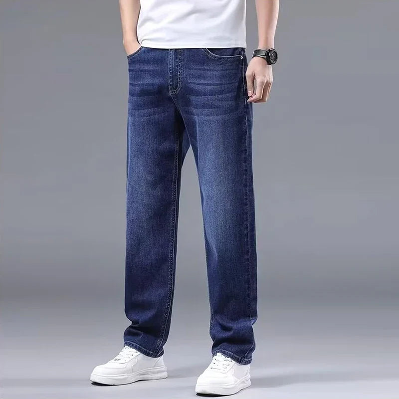 Men New Fleece Lined Thickened Jeans Male Winter Loose Straight Slim Fit Denim Pants High End Casual Elasticity Trousers