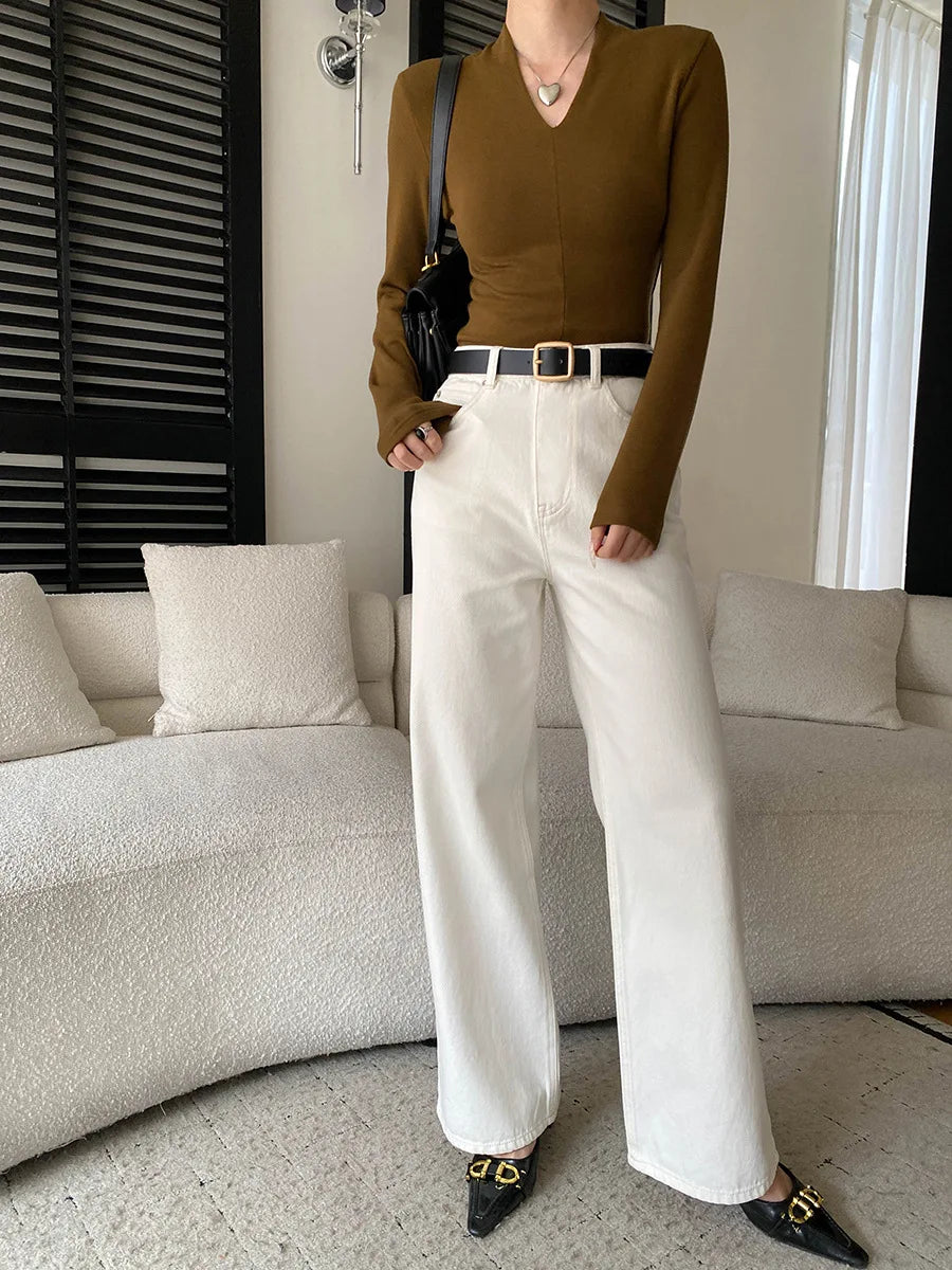 Spring women's fashionable and simple commuting temperament, high waist wide leg straight leg slimming jeans