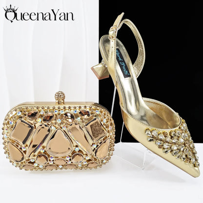 Italian Shoes and Handbags Accessory Set with Rhinestone Metal Embellishments Wedding Shoes Bridal Shoes Designer