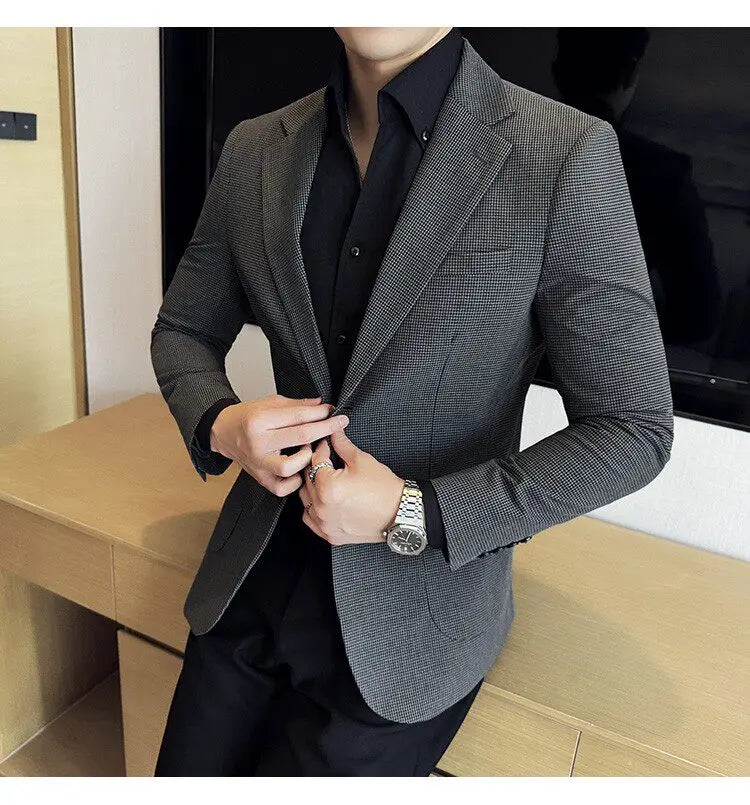Korean Vintage Elegant Men's Business Slim Fit Suit Jacket 2026 New Fashion Lapel Single Breasted Men Social Party Dress Coats