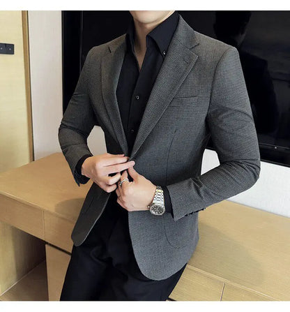 Korean Vintage Elegant Men's Business Slim Fit Suit Jacket 2026 New Fashion Lapel Single Breasted Men Social Party Dress Coats