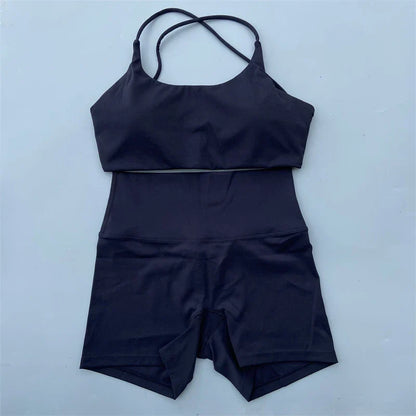 Yoga Shorts Set Gym Two Piece Sports Set Women Workout Outfit Fitness Suit Cross Straps Bra High Waist Shorts Running Tracksuit