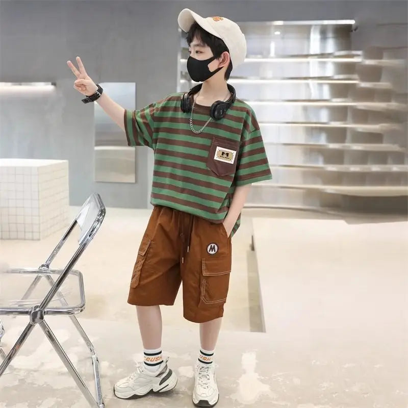 Stripes Children's Outdoor Clothes 4 Years Clothing Suit for Kids Boys Top Bottom Set Junior Shorts Summer Boy Child T-shirt 7 8