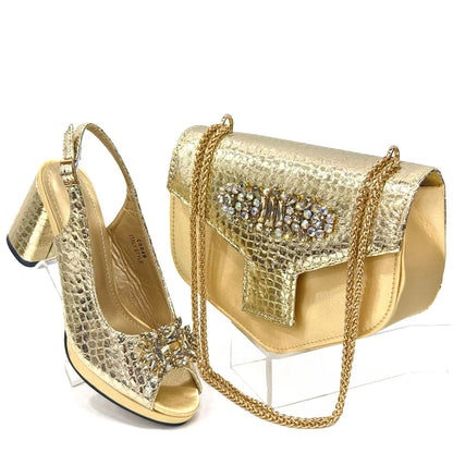 Gold Color Nigeria Fashion Rhinestone-encrusted Ladies Party Shoes And Special Bag High Heels Wedding Handbag