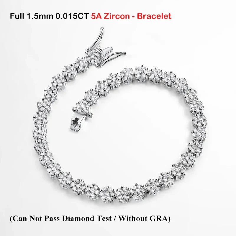 Flower Full 1.5mm D Color Moissanite Diamond Tennis Bracelet for Women 925 Silver GRA Certified Bridal Wedding Bangle Gift