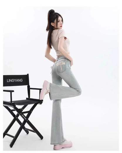 High Waist Bell Bot Denim Jeans Women's Light Color Peach Butt Design Slimming Fitted Floor Length  Hoof Pants