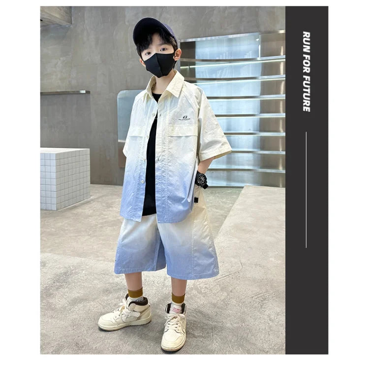 Fashion Kids Clothing Set Shirt Shorts Summer Suit for Teenage Boy Loose Casual Gradient Color Clothes Set Child Luxury Outfit