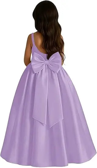 Long Ivory Satin Flower Girl Dresses for Wedding Bow Party Birthday Princess Dress Junior Bridesmaid First Holy Communion Gowns