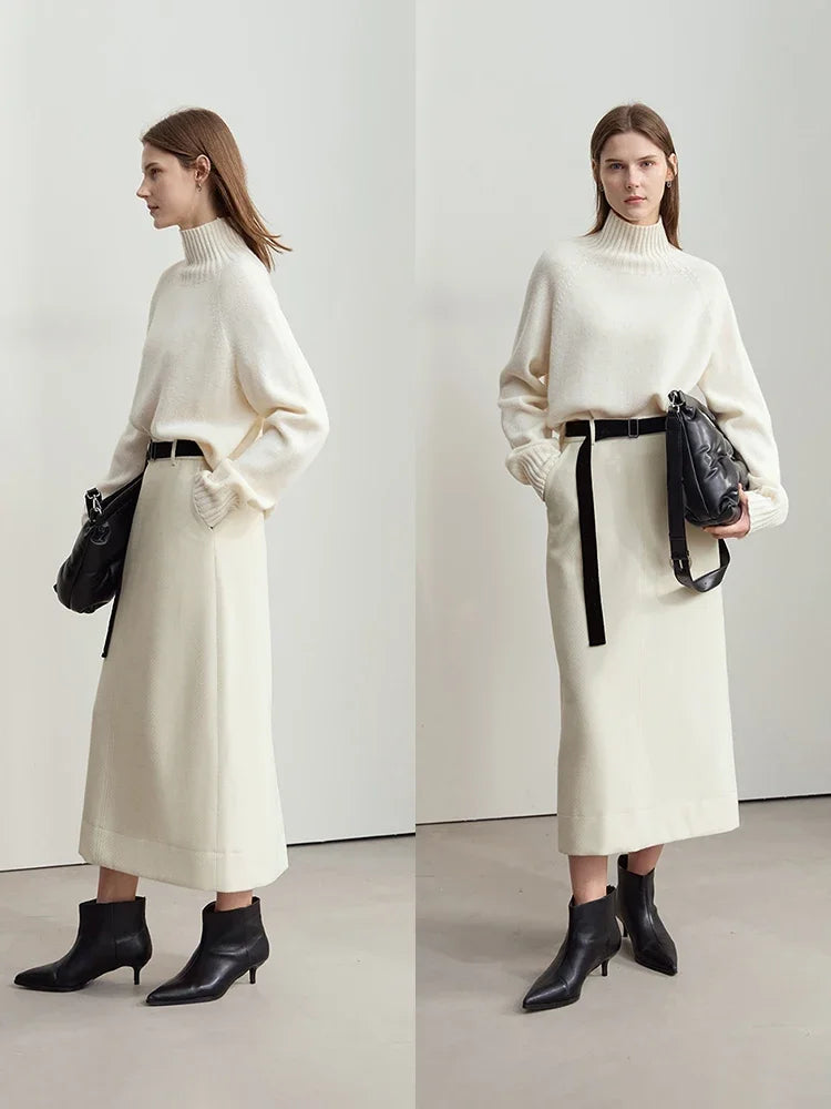 Minimalism Women's Elegant Commuter Skirts with Velvet Belt 2024 Winter Twill Fabric Warm Slit Straight Midi Skirt 12444183