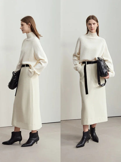 Minimalism Women's Elegant Commuter Skirts with Velvet Belt 2024 Winter Twill Fabric Warm Slit Straight Midi Skirt 12444183