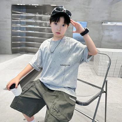 Summer Suit for Boy with Shorts Two Piece Clothing Set Kids Child Cotton Top and Bottom Clothes Set Casual Outfit Tracksuit 5-14