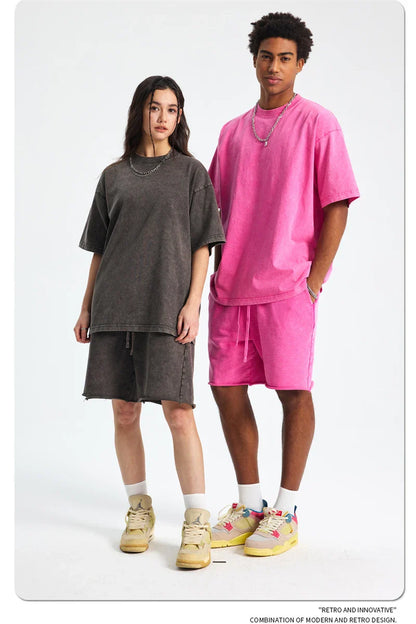2025 High Street Summer Washed Cotton T-Shirt Tees For Men Unisex Loose Retro Solid T Shirts Brand Tops HY0113