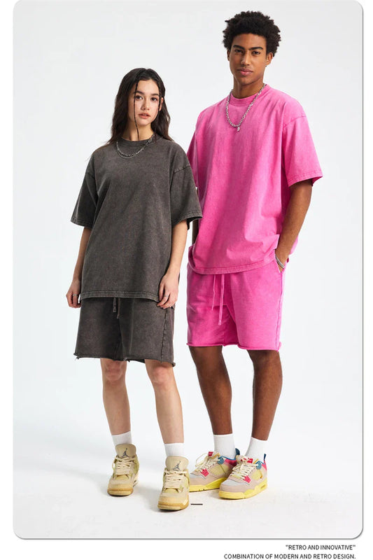2025 High Street Summer Washed Cotton T-Shirt Tees For Men Unisex Loose Retro Solid T Shirts Brand Tops HY0113