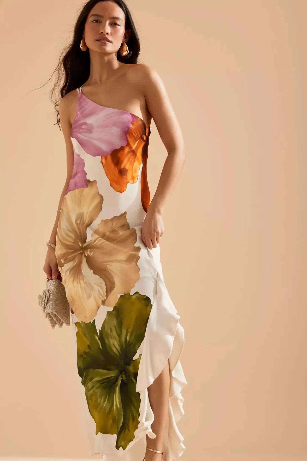 Fashion Women Printed Curling Edge Long Dresses Irregular One Shoulder Open Fork Gown Women Summer 2025 Party Vestidos