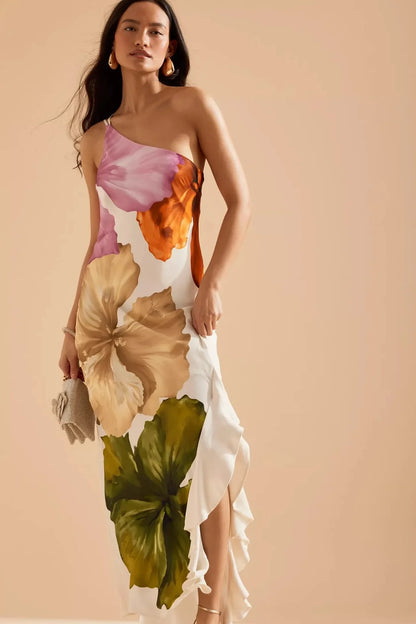 Fashion Women Printed Curling Edge Long Dresses Irregular One Shoulder Open Fork Gown Women Summer 2025 Party Vestidos