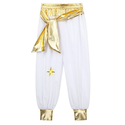 Boys Girls Prince Costume Arabian Prince Fairy Tale Character Cosplay Suits Belly Dance Golden Trim Vest with Satin Bloomer Set