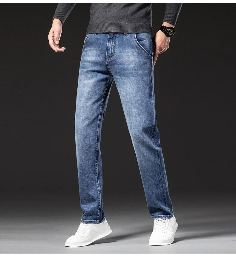New Spring Summer Plus Size 40 42 44 Men Straight Loose Jeans Business Fashion Denim Stretch Pants Male Brand Trousers