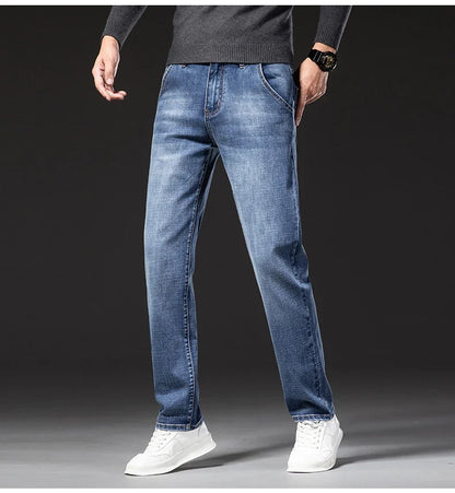 New Spring Summer Plus Size 40 42 44 Men Straight Loose Jeans Business Fashion Denim Stretch Pants Male Brand Trousers