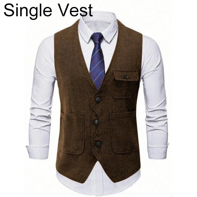 Suit Vest Man Vintage Single-breasted Pocket Male Waistcoat Slim V-neck Sleeveless Business Casual Versatile Men Vest